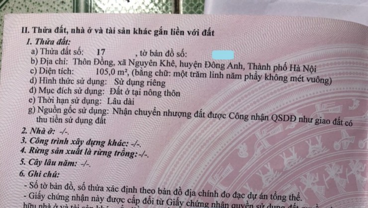 BÁN 105M ĐẤT THÔN ĐỒNG, NGUYÊN KHÊ - LÕI CÔNG VIÊN VINTECH - ĐƯỜNG 4M THÔNG - GIÁ CỰC RẺ